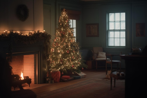 A christmas tree in a living room with a fireplace and a lit up christmas tree.