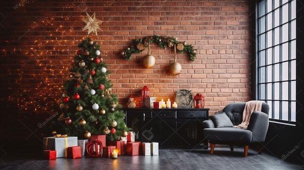 Christmas tree in a living room with a red brick wall and a christmas tree in the corner.