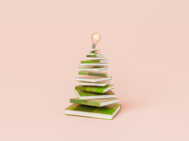 Christmas tree made of books and lightbulb