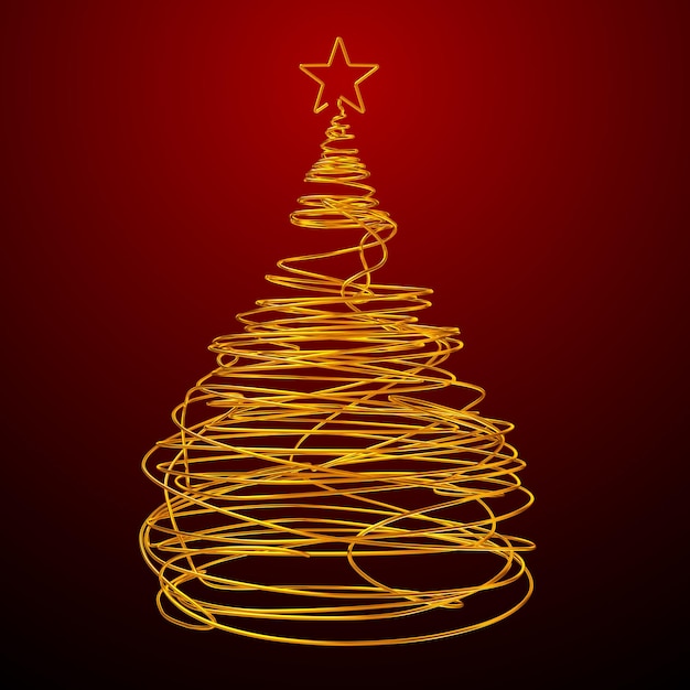 Christmas Tree Made Of Gold Wire Red Background