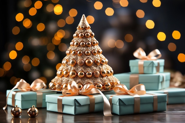 Christmas tree and mint gift boxes with golden bows on the background of bokeh effect Generative AI