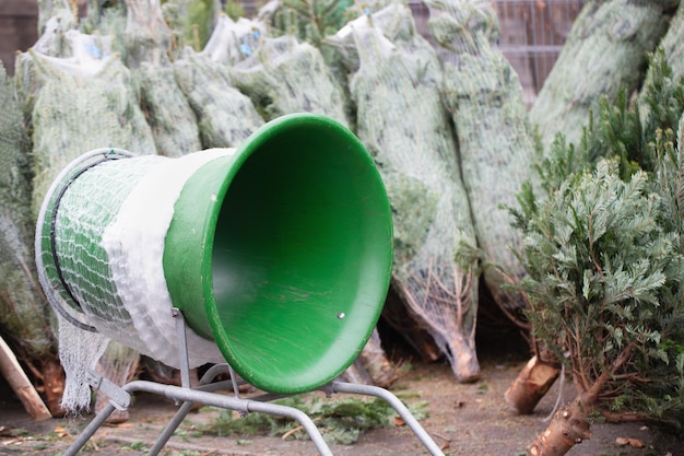 Christmas tree netting tube on farm market