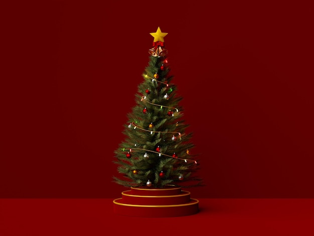 Christmas tree on podium on red background 3d illustration