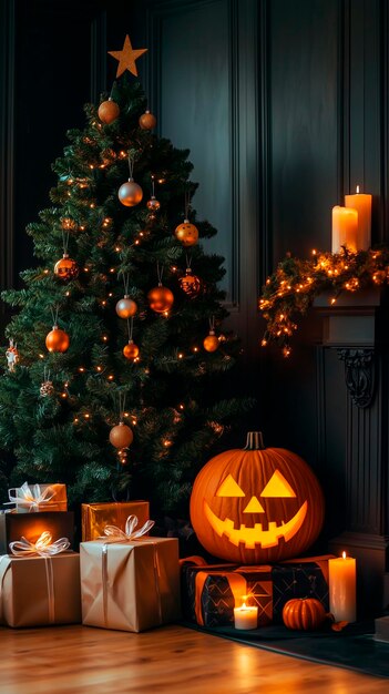 Christmas tree and presents next to Halloween pumpkin