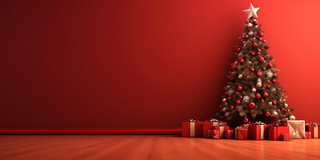 christmas tree on red background with copy space for text christmas background