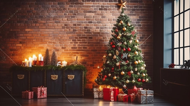 Christmas tree in a room with a brick wall and a christmas tree with red balls and a red ball.