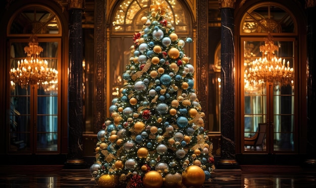 Christmas Tree in a Room With Chandeliers