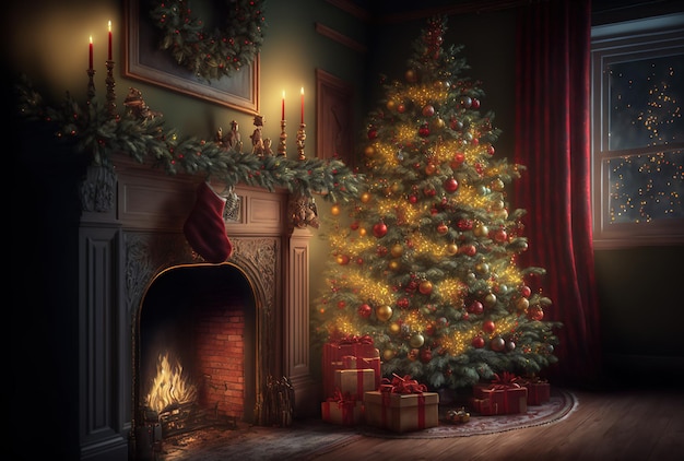 Christmas tree in a room with fireplace gifts candles garlands Decorated Christmas interior