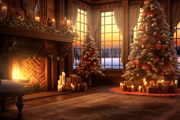 Christmas tree in a room with a fireplace and a lit window