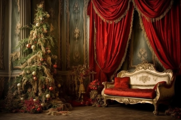 A christmas tree in a room with a red curtain and a red couch.