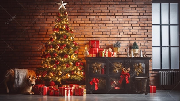 Christmas tree in a room with a red ribbon and presents on the floor