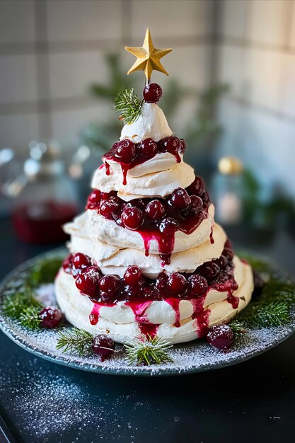 Photo a christmas tree shaped pavlova topped with cranberry sauce and a star on top