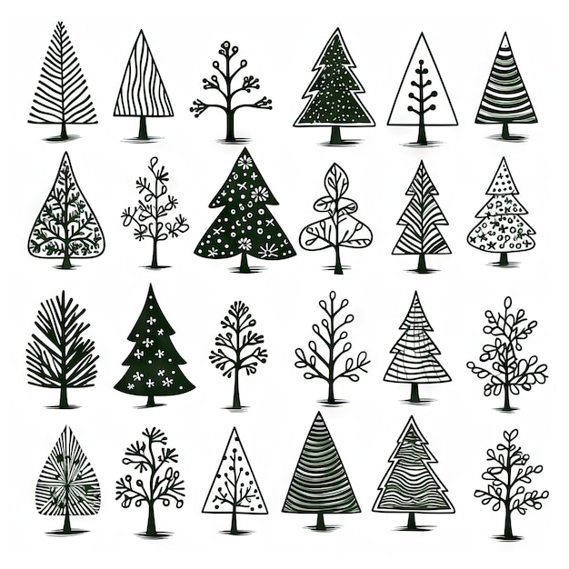 Photo christmas tree sketched icon set hand drawn xmas tree doodle sketch collection new year scribble fir symbol sign silhouette isolated generative ai illustration