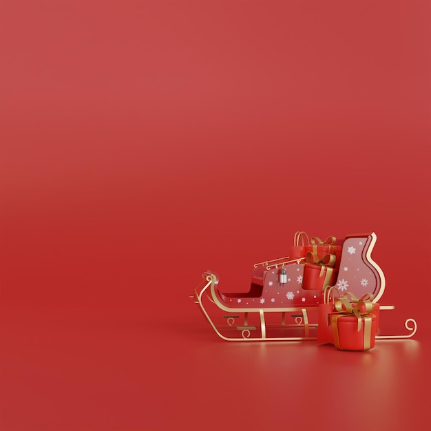 Christmas tree and sleigh.new year red color background.3d rendering