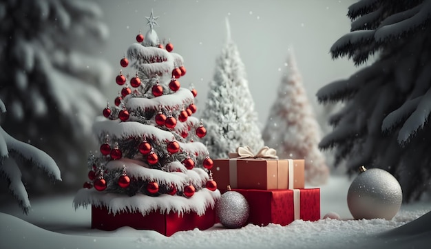 Christmas tree in snow background with pile of gifts box generative ai