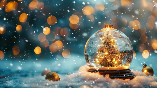 Christmas tree in a snow globe Warm Christmas photo a holiday gift Snow globe on snow with golden