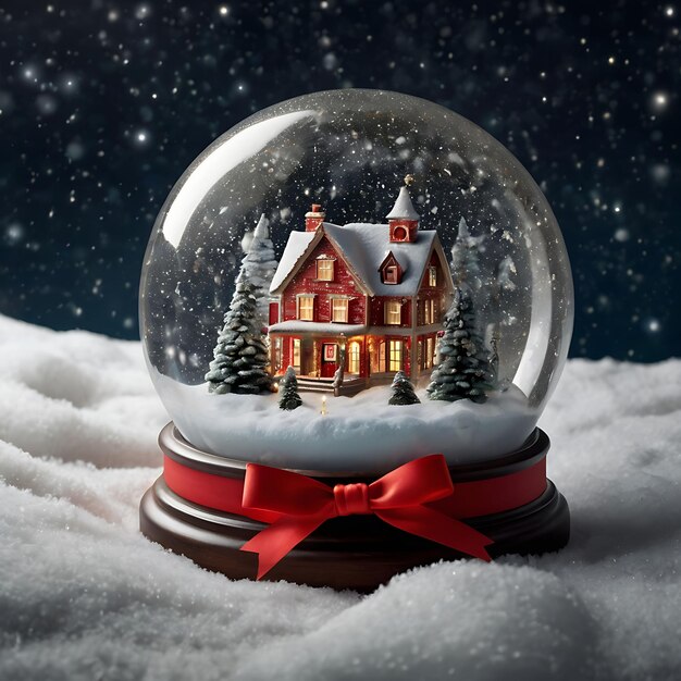 Photo a christmas tree in a snow globe with a house in the background