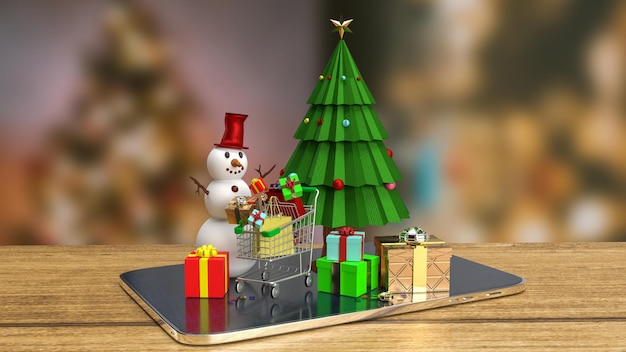 The Christmas tree and snow man on tablet for advertising concept 3d rendering