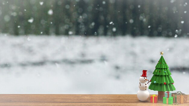 The Christmas tree and snow man on wood table for holiday celebration or  promotion business background 3d rendering