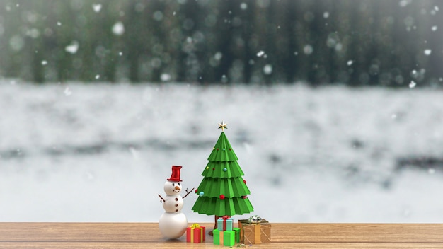 The Christmas tree and snow man on wood table for holiday celebration or  promotion business background 3d rendering