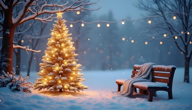 a christmas tree in the snow with a christmas tree in the background