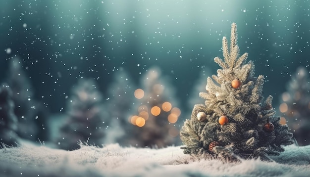 A christmas tree in the snow with a light in the background