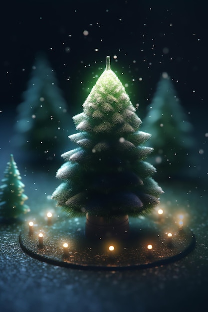 A christmas tree in the snow with lights on it