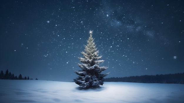 A christmas tree in the snow with a starry sky in the background.