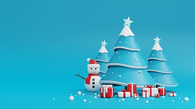 Christmas tree, snowman and gift box on blue