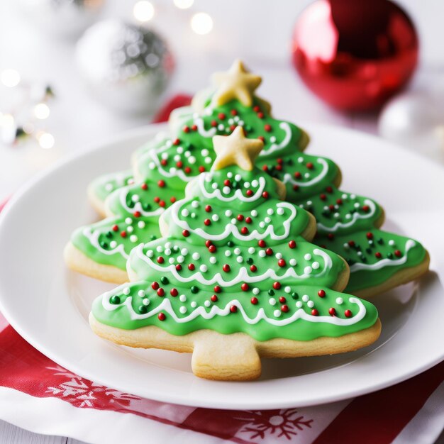 Photo christmas tree sugar cookies with green frosting and sprinkles