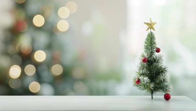 Christmas tree on a table in a blurry background