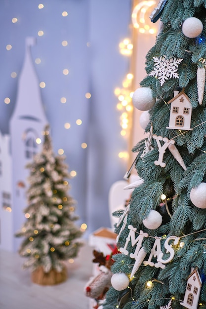 Christmas tree toys, glowing garlands. concept of a children's room