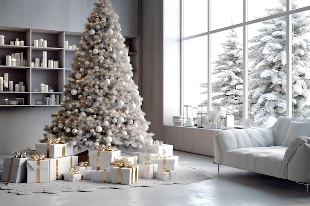 Christmas tree and white gift boxes with golden bows in interior Generative AI