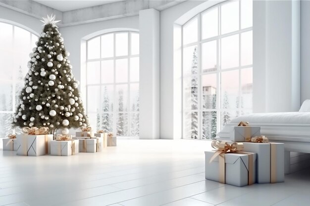 Christmas tree and white gift boxes with golden bows in white bedroom interior Generative AI