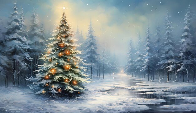 christmas tree in a winter wonderland in the style of digital painting