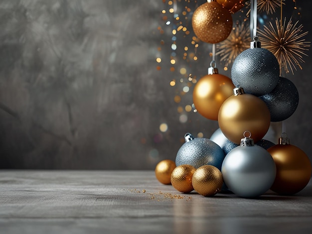 a christmas tree with balls on a table and a christmas tree behind it