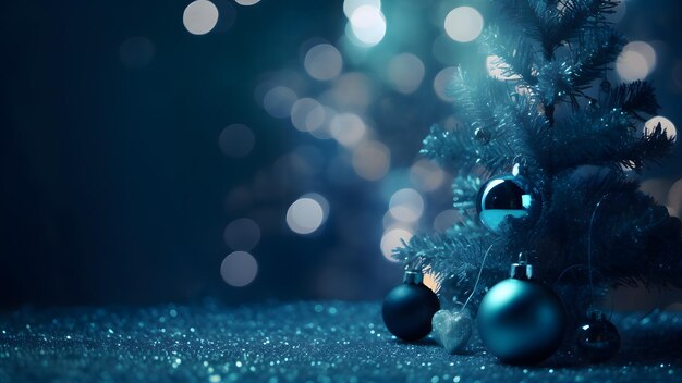 Christmas Tree With Baubles In Blue Night With Glittering And Defocused Lights In blue Background