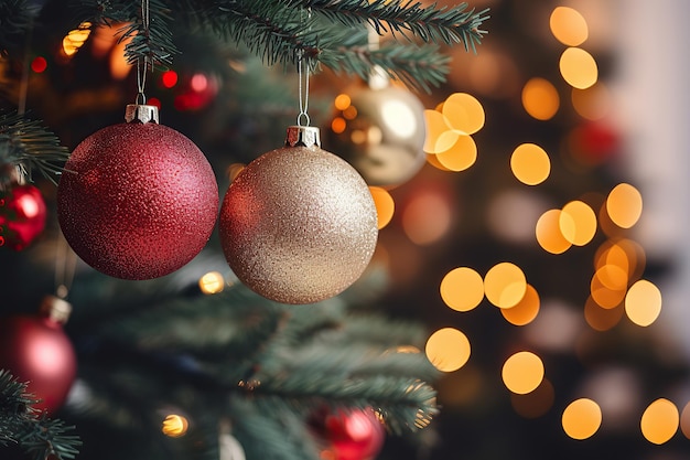 Christmas tree with baubles on blurred background closeup