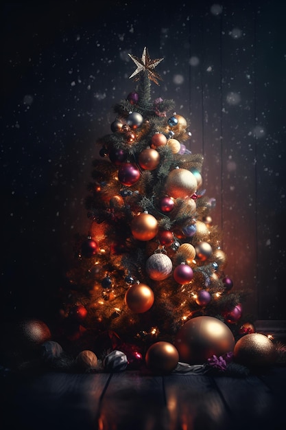 Christmas Tree With Baubles And Blurred Shiny Lights ai