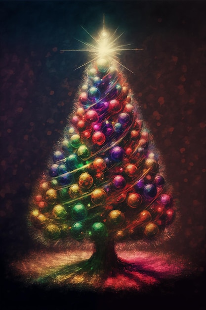 Christmas tree with baubles and blurred shiny lights creative digital painting