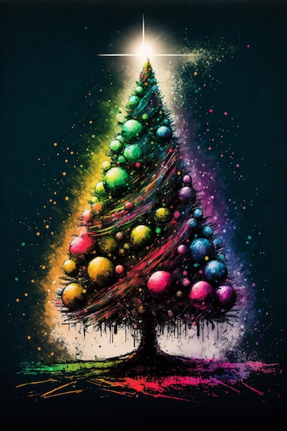 Christmas tree with baubles and blurred shiny lights digital painting artwork