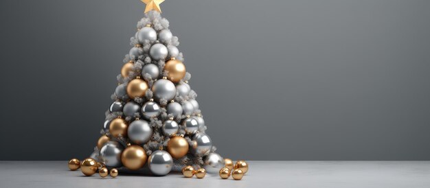 Christmas tree with baubles decoration on grey background featuring copy space