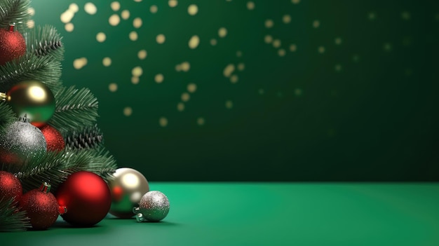 Christmas tree with baubles on green background and space for text