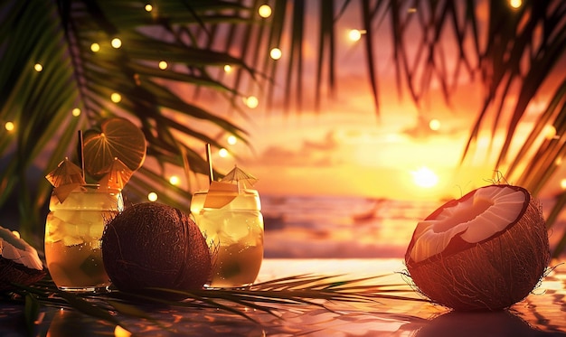 a christmas tree with a beach scene and a bottle of coconuts