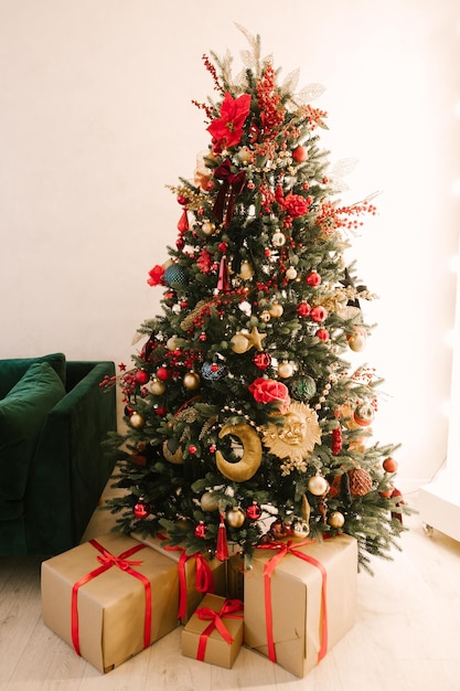 Christmas tree with beautiful toys stylish Christmas and New Year decor