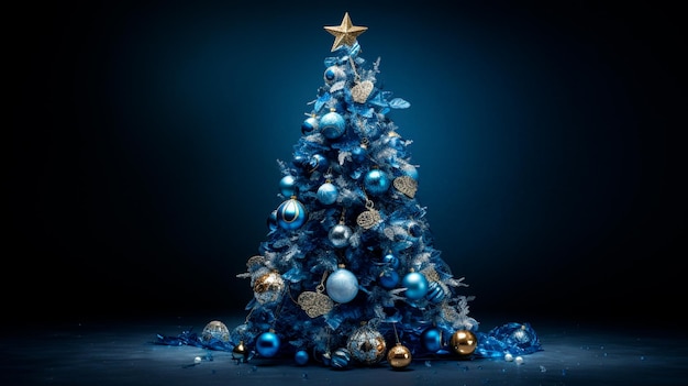 christmas tree with blue and silver toys on the dark background with bokeh lights holiday card