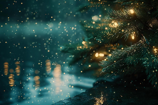 Christmas tree with bokeh lights and snowfall on dark background