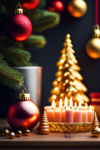 A christmas tree with candles and a christmas tree in the background