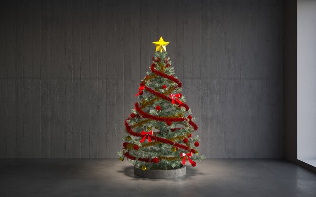 christmas tree with colorful balls gray wall background with a lot of copy space for text