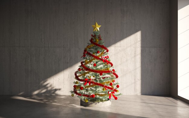 christmas tree with colorful balls gray wall background with a lot of copy space for text